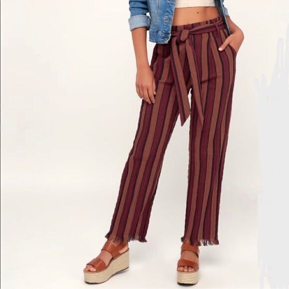 NWT Lulus Renfroe Burgundy Striped Pants Paper Bag Wide Leg Raw Hem Belted XS - Picture 1 of 11